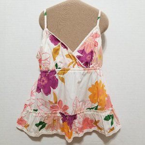 Old Navy top XL floral print sleeveless empire v-neck babydoll ruffle lace trim